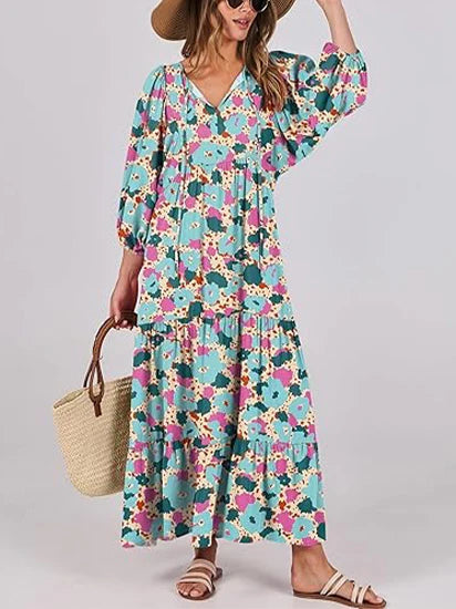 Women's Puff Sleeve Smocked Ruffle Boho Maxi Dress