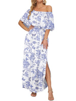 Women's Off-Shoulder Ruffled Side-Slit Maxi Dress with Pockets