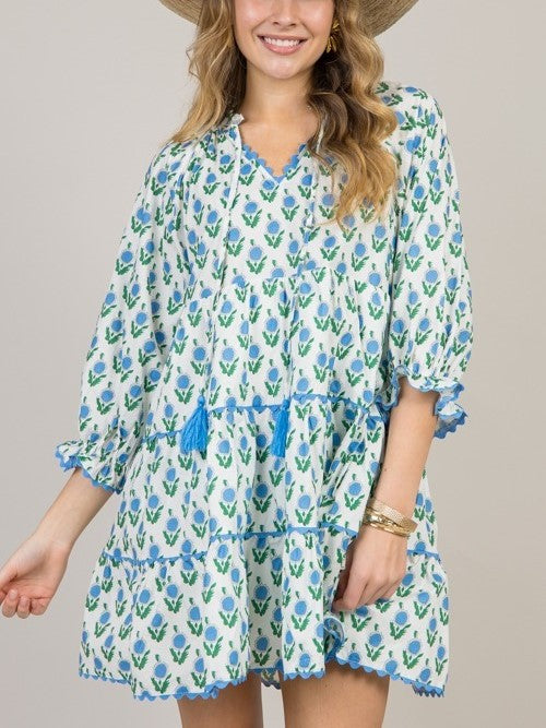 Women's Floral Print V Neck 3/4 Sleeve Dress