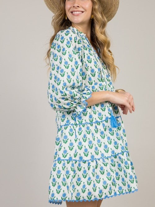 Women's Floral Print V Neck 3/4 Sleeve Dress