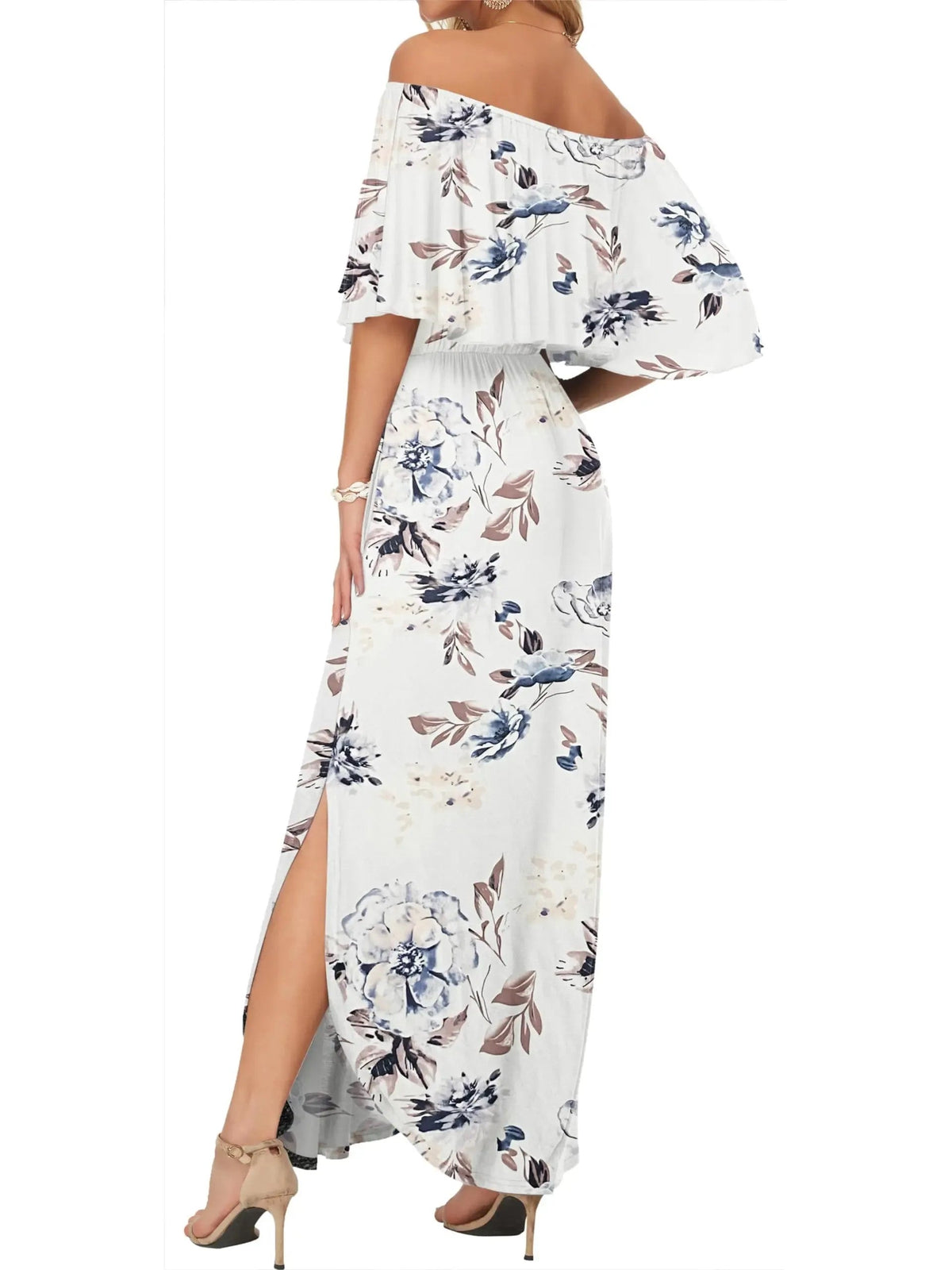 Women's Off-Shoulder Ruffled Side-Slit Maxi Dress with Pockets