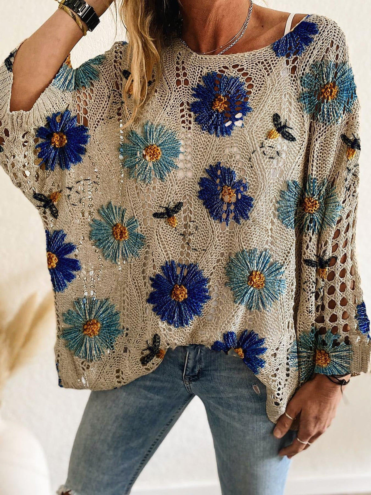 Women's Batwing Sleeve Print Hollow-Out Knit Top