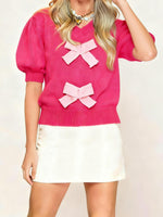 Women's Bow V-Neck Puff Sleeve Knit Top