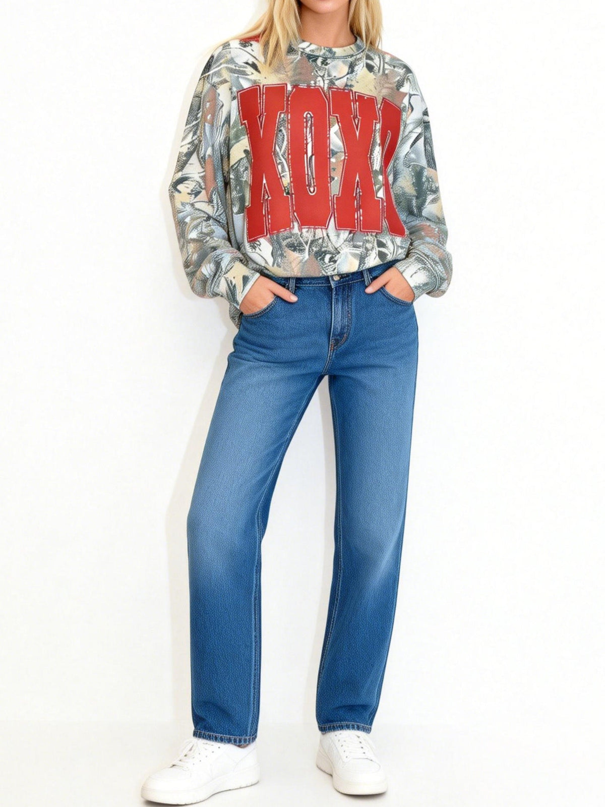 Women's XOXO Print Camo Crewneck Sweatshirt