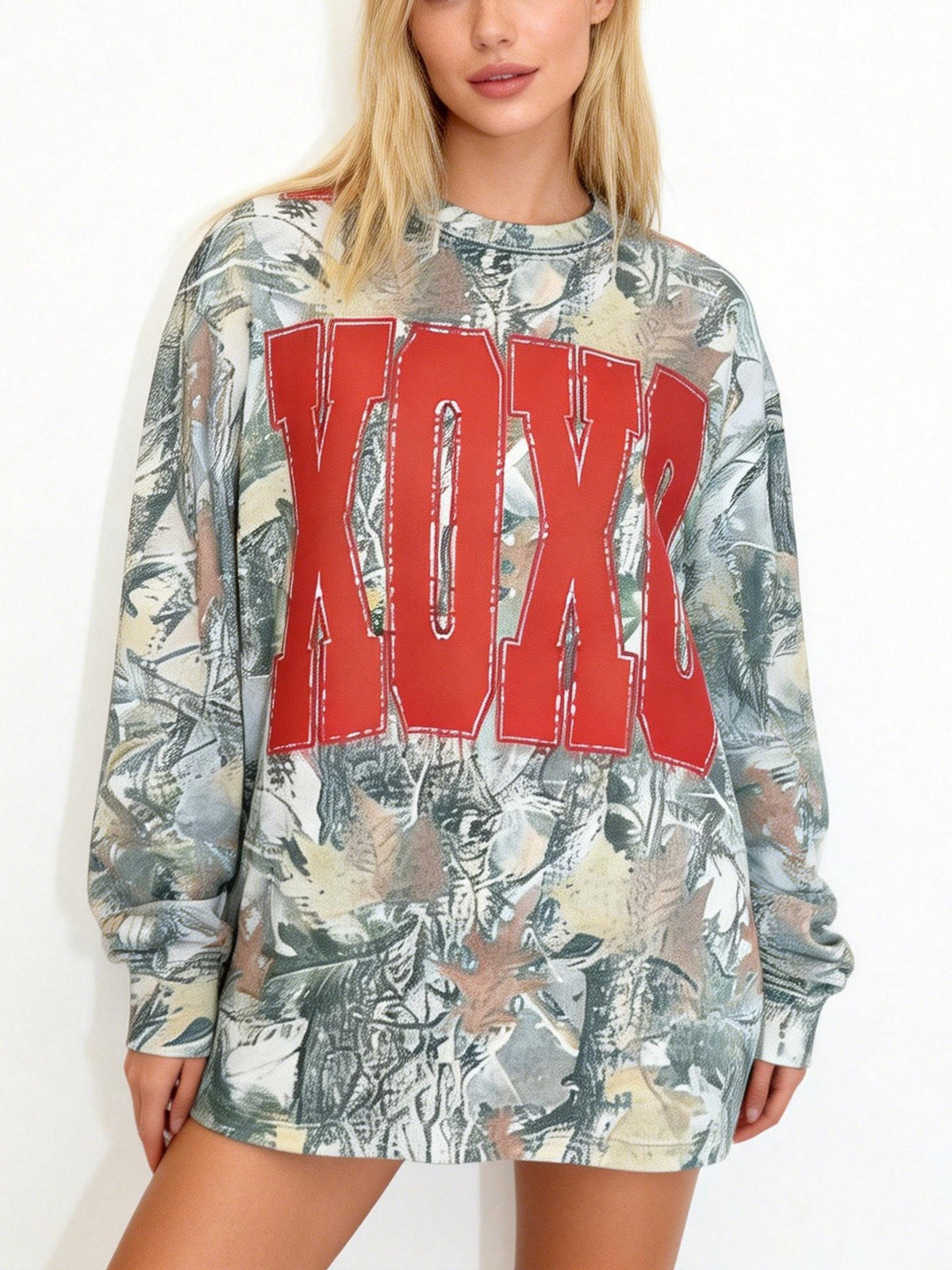 Women's XOXO Print Camo Crewneck Sweatshirt
