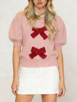 Women's Bow V-Neck Puff Sleeve Knit Top