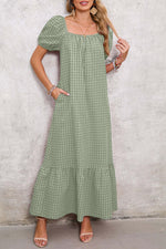 Women's Square Neck Puff Sleeve Plaid Maxi Dress