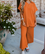 New Textured V Neck Top and Pants Casual Set