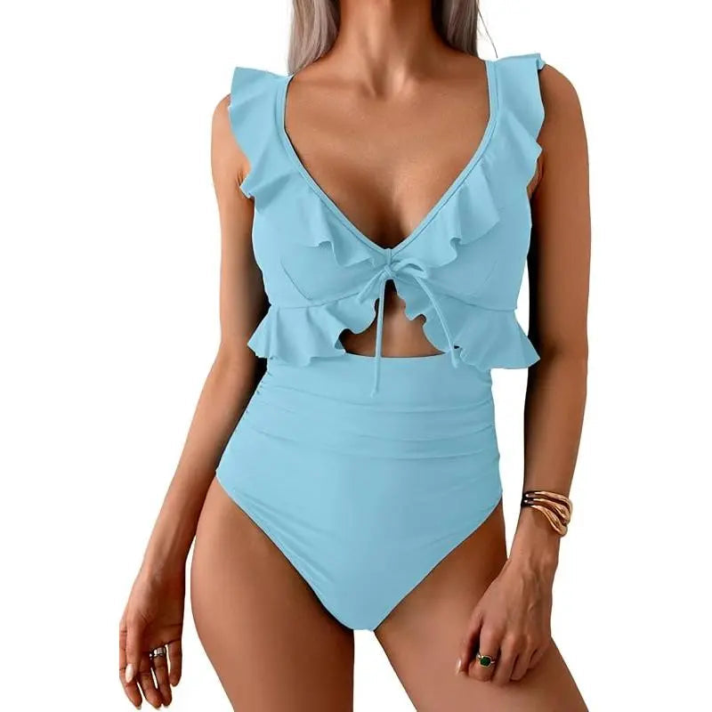 Tummy Control Ruffle Bathing Suit V Neck Ruched Swim Suit