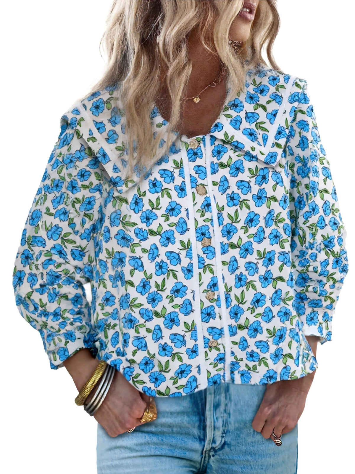 Women's Vibrant Floral Print Collar Blouse