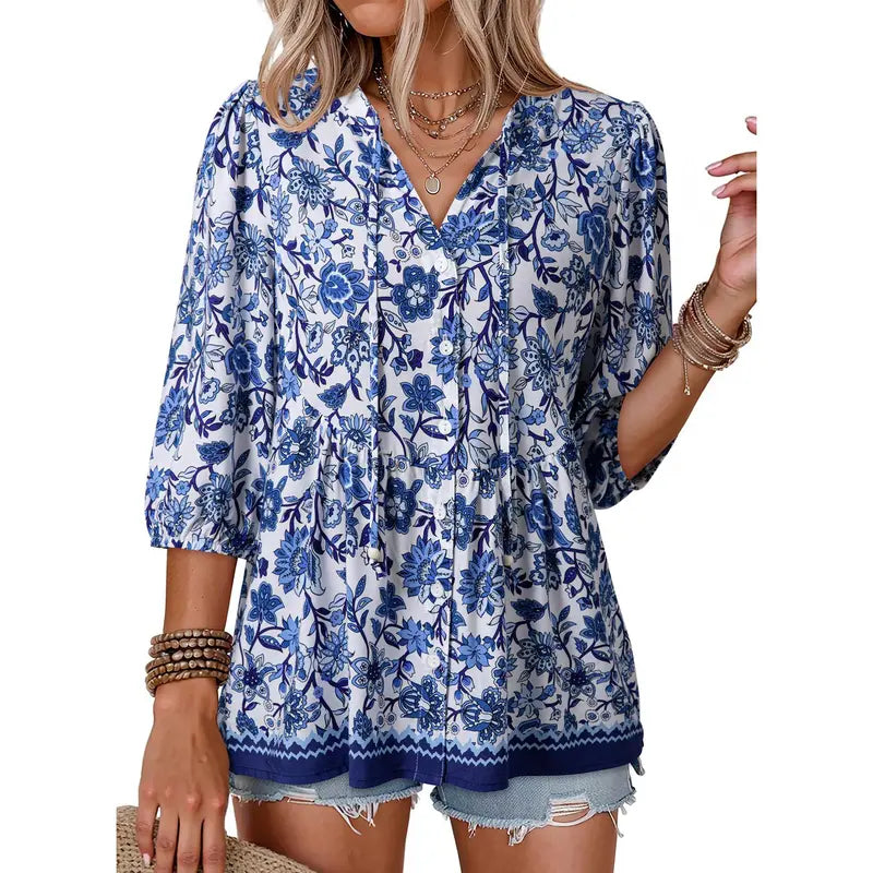 Womens Summer Tops Boho Floral Short Sleeve Button Down V Neck Peplum Babydoll Casual Loose Blouses Shirts