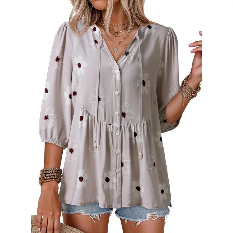 Womens Summer Tops Boho Floral Short Sleeve Button Down V Neck Peplum Babydoll Casual Loose Blouses Shirts