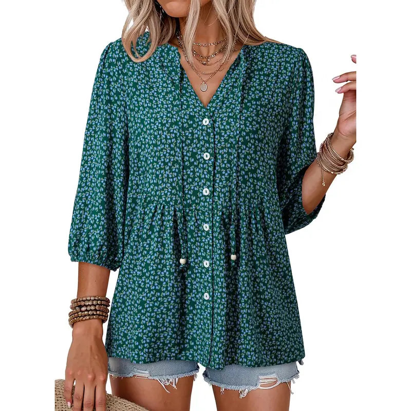 Womens Summer Tops Boho Floral Short Sleeve Button Down V Neck Peplum Babydoll Casual Loose Blouses Shirts