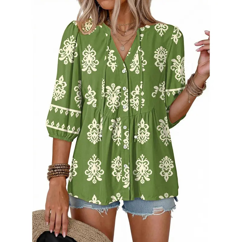 Womens Summer Tops Boho Floral Short Sleeve Button Down V Neck Peplum Babydoll Casual Loose Blouses Shirts