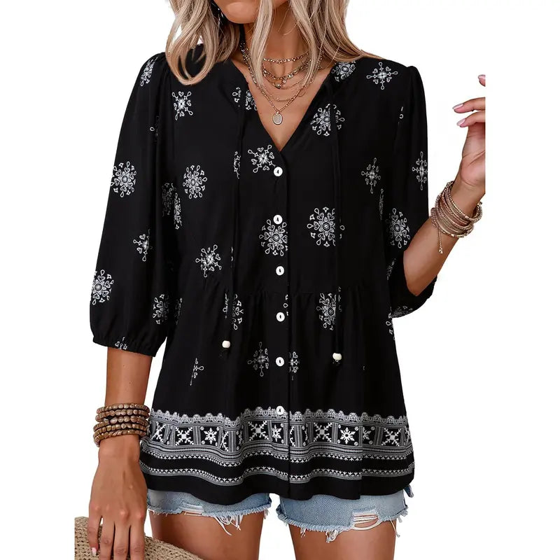Womens Summer Tops Boho Floral Short Sleeve Button Down V Neck Peplum Babydoll Casual Loose Blouses Shirts