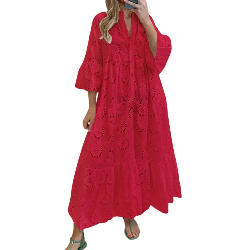 Women's 2026 LaceMaxi Dress V-Neck Trumpet Sleeve Boho Flowy Swing Dress