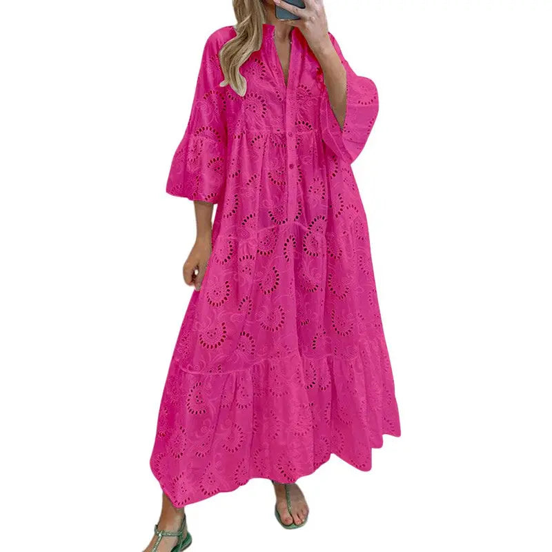 Women's 2026 LaceMaxi Dress V-Neck Trumpet Sleeve Boho Flowy Swing Dress
