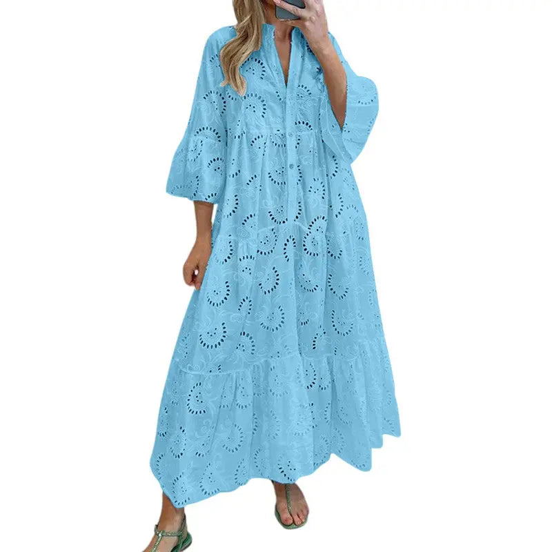Women's 2026 LaceMaxi Dress V-Neck Trumpet Sleeve Boho Flowy Swing Dress