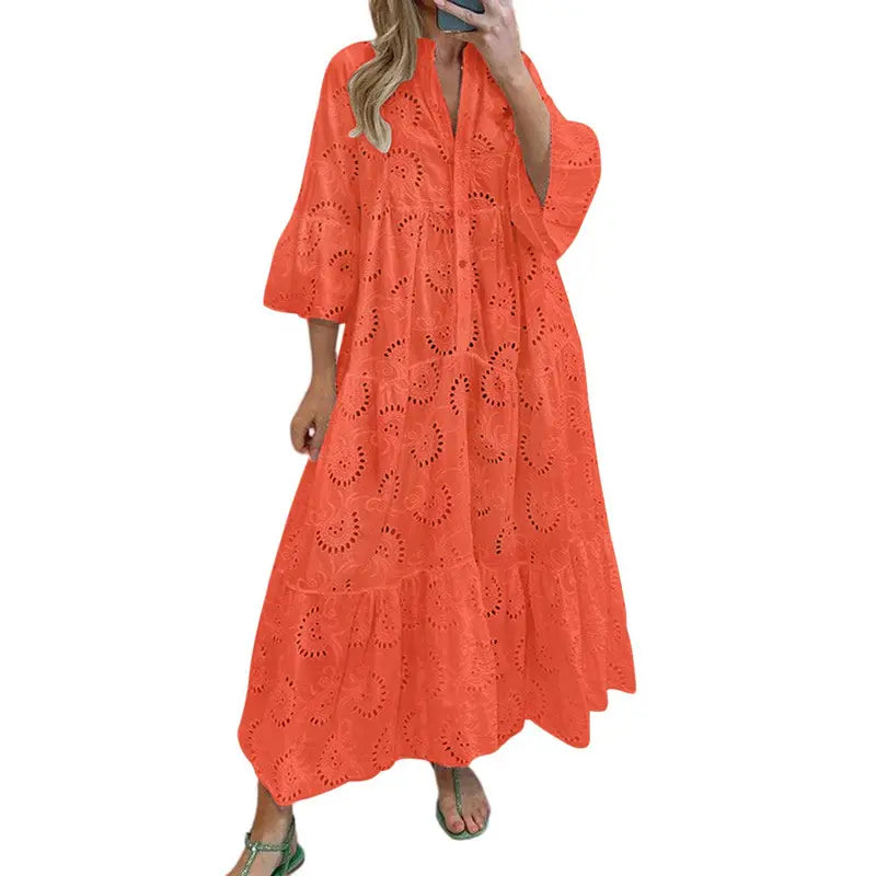 Women's 2026 LaceMaxi Dress V-Neck Trumpet Sleeve Boho Flowy Swing Dress