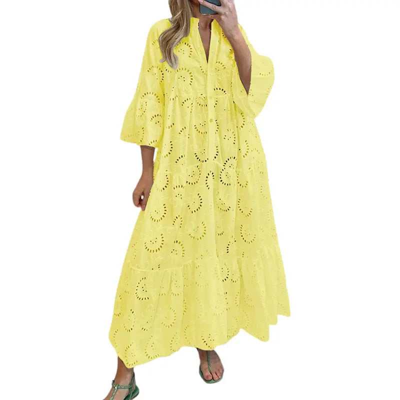 Women's 2026 LaceMaxi Dress V-Neck Trumpet Sleeve Boho Flowy Swing Dress