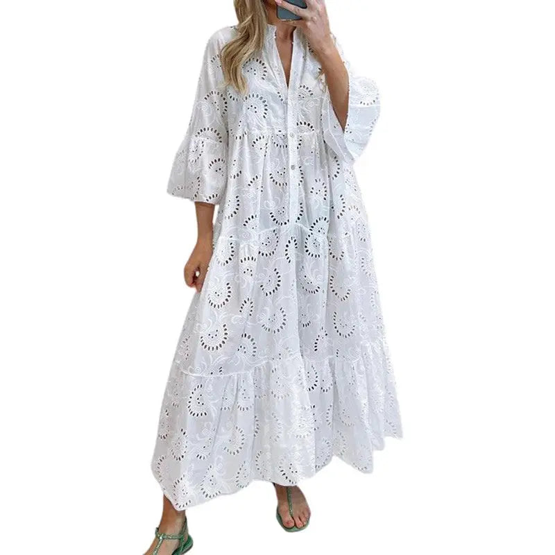 Women's 2026 LaceMaxi Dress V-Neck Trumpet Sleeve Boho Flowy Swing Dress