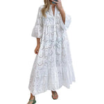 Women's 2026 LaceMaxi Dress V-Neck Trumpet Sleeve Boho Flowy Swing Dress