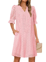 Flounce Sleeve Eyelet Tunic Solid Dress for Women