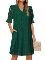 Flounce Sleeve Eyelet Tunic Solid Dress for Women