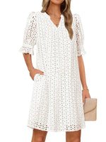 Flounce Sleeve Eyelet Tunic Solid Dress for Women