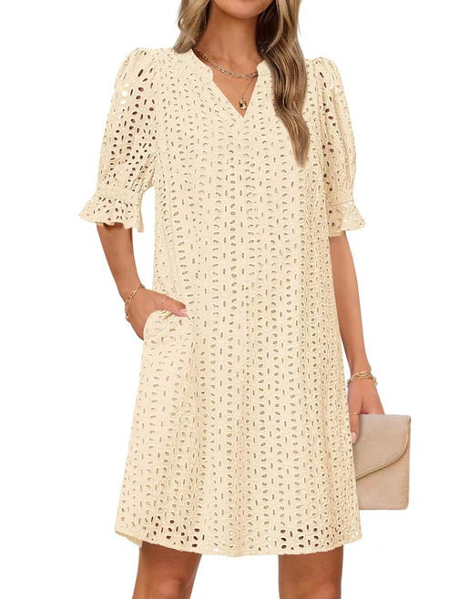 Flounce Sleeve Eyelet Tunic Solid Dress for Women