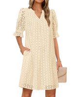 Flounce Sleeve Eyelet Tunic Solid Dress for Women
