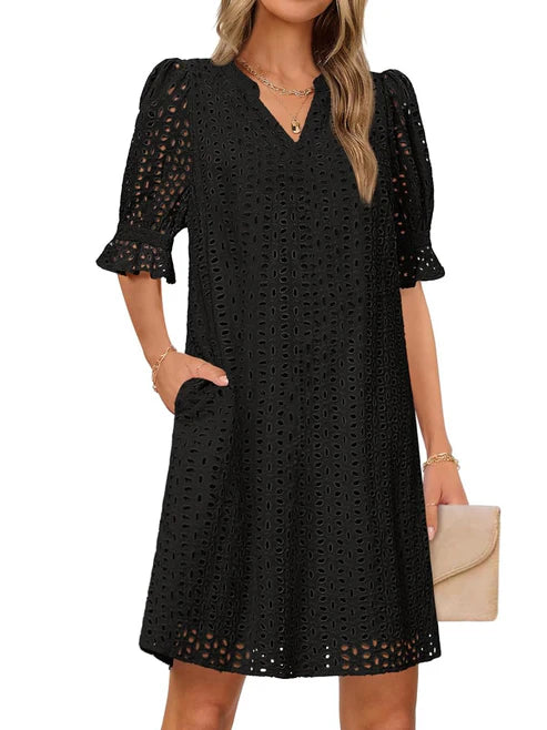 Flounce Sleeve Eyelet Tunic Solid Dress for Women