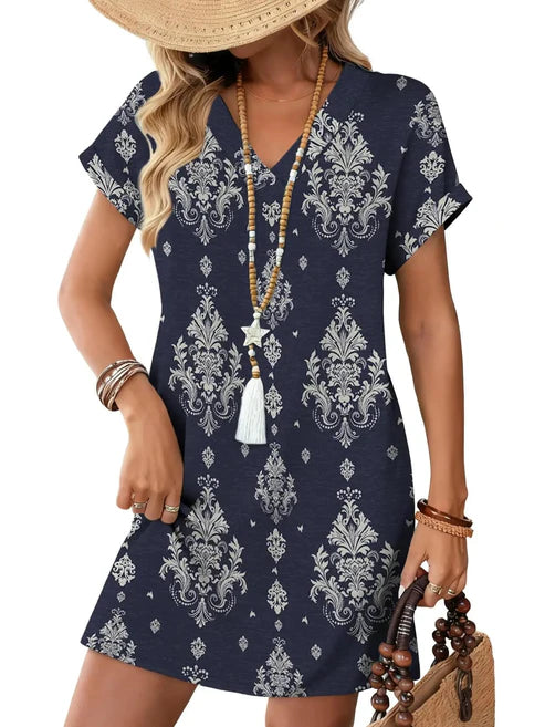 Women's Casual Boho Print Shift Short Sleeve Mini Dress