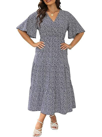 Boho Casual Printed Empire Waist Plus Size Midi Dress