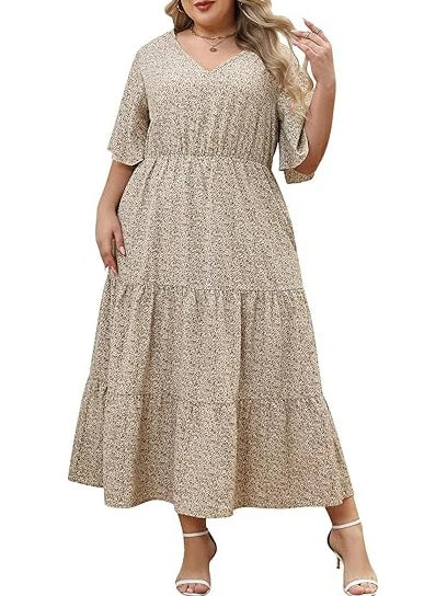 Boho Casual Printed Empire Waist Plus Size Midi Dress