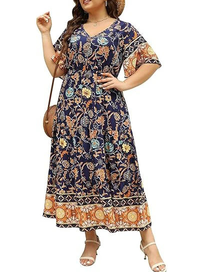 Boho Casual Printed Empire Waist Plus Size Midi Dress