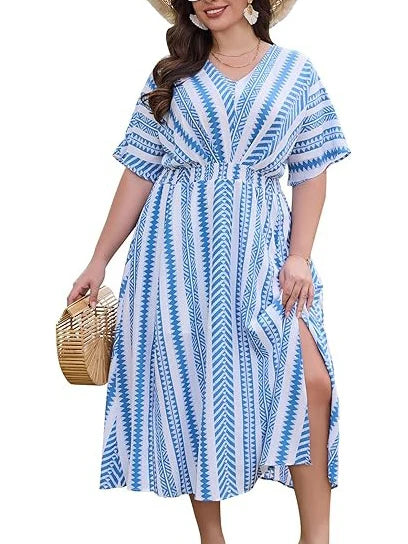 Boho Casual Printed Empire Waist Plus Size Midi Dress