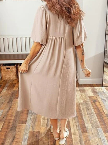 Women's Casual V-Neck Puff Sleeve Maxi Dress