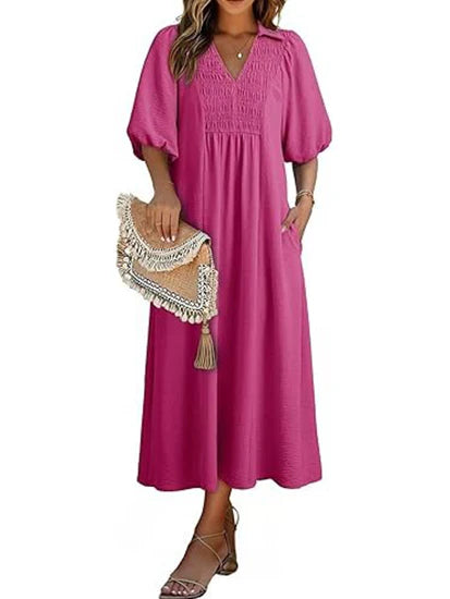 Women's Casual V-Neck Puff Sleeve Maxi Dress