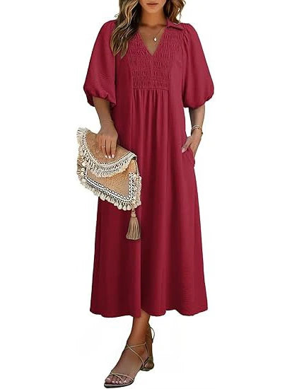 Women's Casual V-Neck Puff Sleeve Maxi Dress