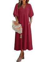 Women's Casual V-Neck Puff Sleeve Maxi Dress