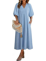 Women's Casual V-Neck Puff Sleeve Maxi Dress