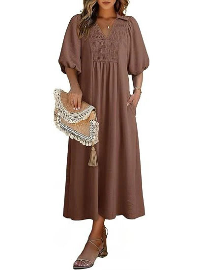 Women's Casual V-Neck Puff Sleeve Maxi Dress