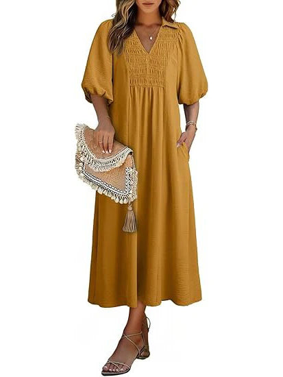 Women's Casual V-Neck Puff Sleeve Maxi Dress