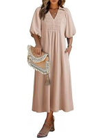 Women's Casual V-Neck Puff Sleeve Maxi Dress