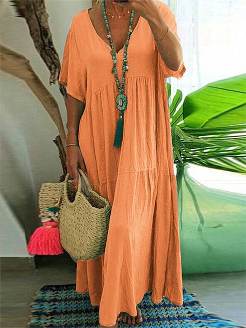 Women’s Boho V-Neck Tiered Short Sleeve Flowy Maxi Dress