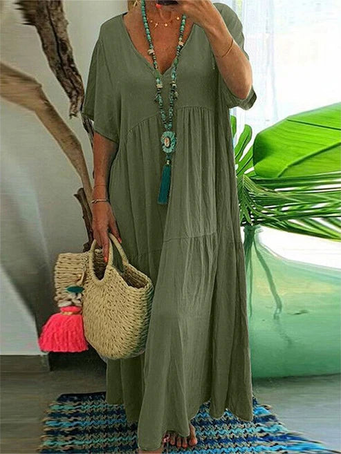 Women’s Boho V-Neck Tiered Short Sleeve Flowy Maxi Dress