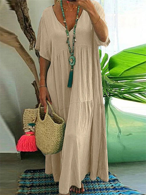 Women’s Boho V-Neck Tiered Short Sleeve Flowy Maxi Dress