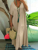 Women’s Boho V-Neck Tiered Short Sleeve Flowy Maxi Dress