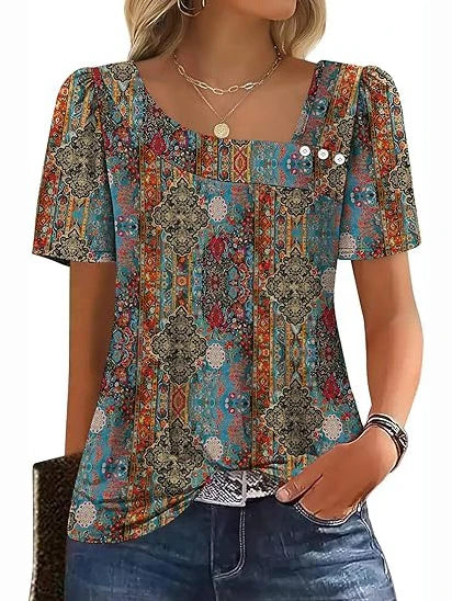 Women’s Asymmetrical Square Neck Casual Short Sleeve Blouse